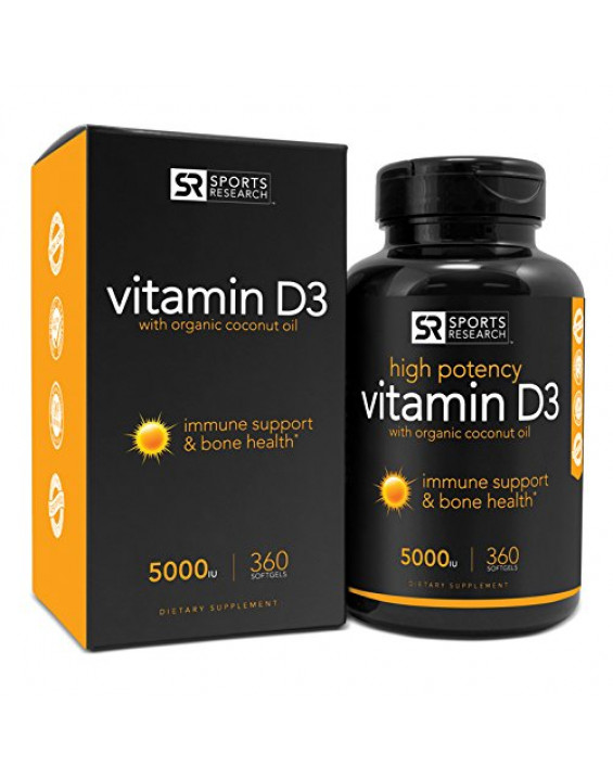 Sports Research Vitamin D3 with Organic Coconut Oil 360 Capsulas