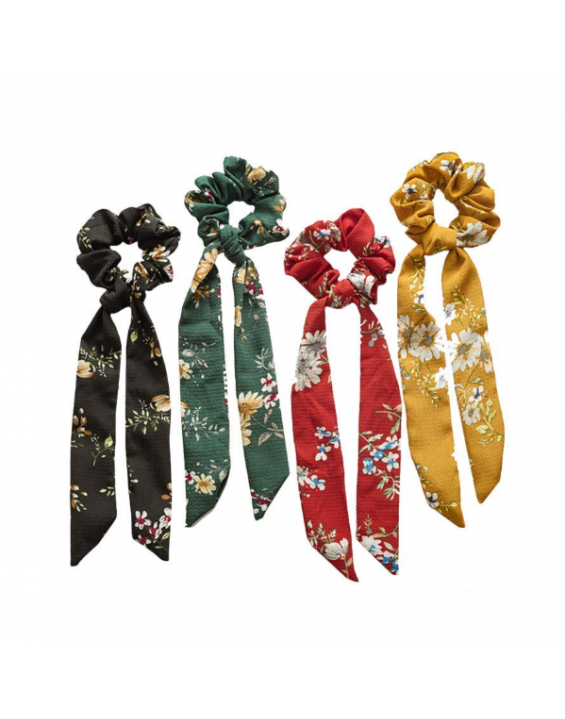 Kit Scrunchies Prendedor De Cabelo Elástico Floral Com Laço (Contém 5)