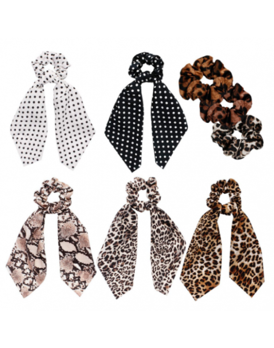 Kit Scrunchies Scarf Prendedor De Cabelo Elástico Animal Print com Laço (Contém 8)
