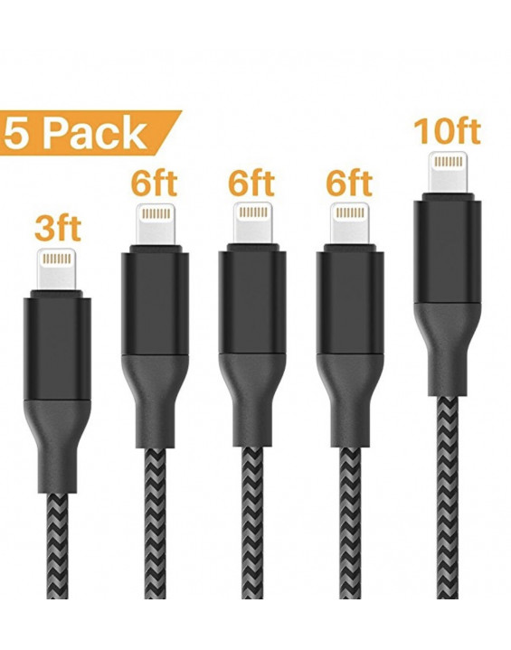 BYDI Kit Cabo USB de Nylon Carregador Lightning para iPhone (5 unidades)