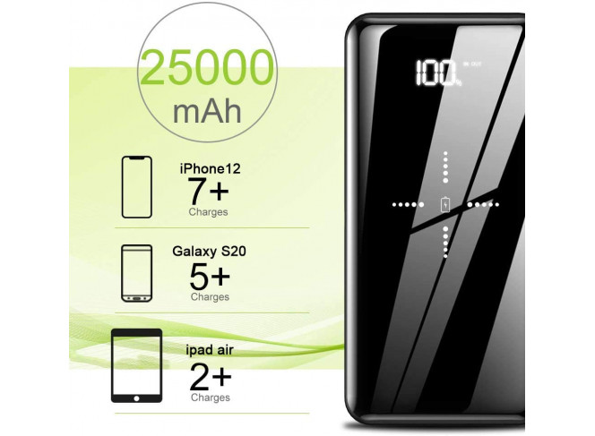 Carregador Portátil com 3 Saídas USB Power Bank 25000mAh