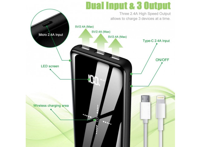 Carregador Portátil com 3 Saídas USB Power Bank 25000mAh