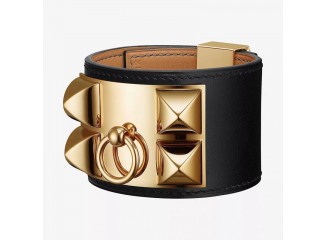 Hermès Bracelete de Couro Collier de Chien Inspired Preto e Dourado