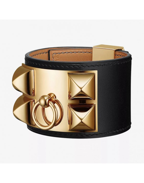 Hermès Bracelete de Couro Collier de Chien Inspired Preto e Dourado