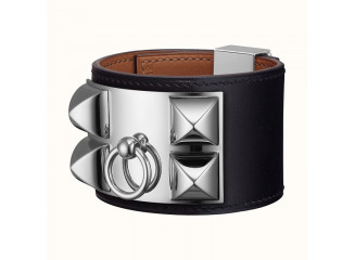 Hermès Bracelete de Couro Collier de Chien Inspired Preto e Prata	