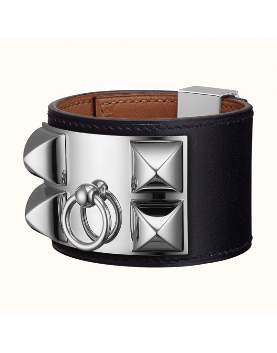 Hermès Bracelete de Couro Collier de Chien Inspired Preto e Prata	