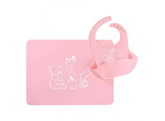 LaBelleV Kit Jogo Americano e Babador de Silicone Ursinho Pooh Rosa