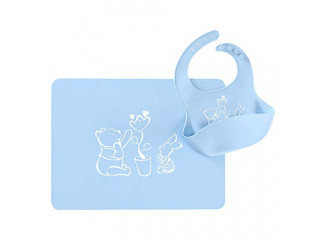 LaBelleV Kit Jogo Americano e Babador de Silicone Ursinho Pooh Azul