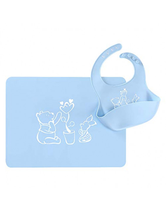 LaBelleV Kit Jogo Americano e Babador de Silicone Ursinho Pooh Azul