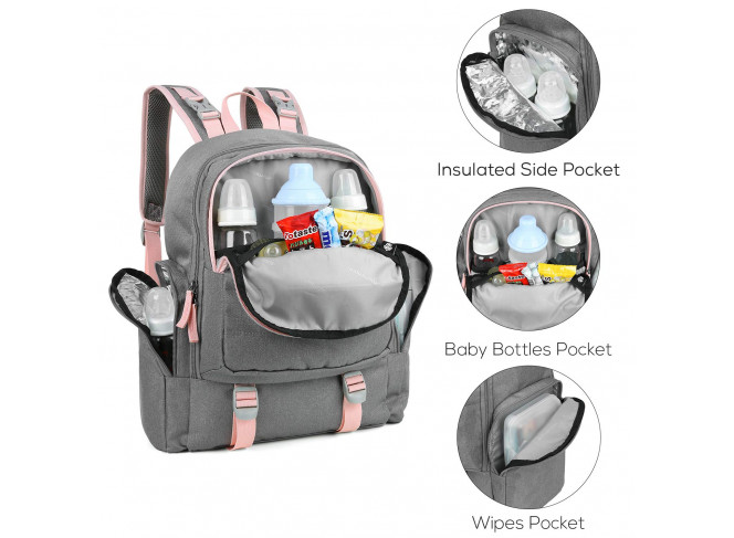 Mommore Mochila de Maternidade Multifuncional Cinza e Rosa