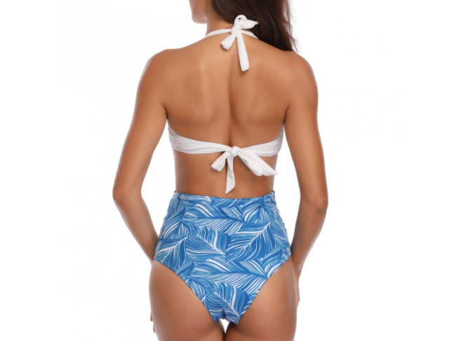 Maiô Branco e Azul com Recortes Estampa Folhagem Maiô Branco e Azul com Recortes Estampa Folhagem