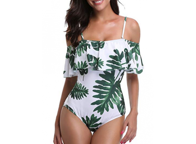 Maiô Branco Ciganinha Estampa Folhagem Verde