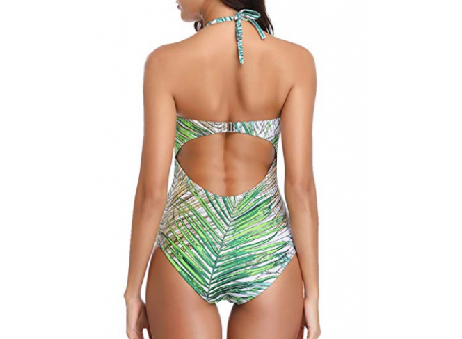 Maiô Verde Halter Trançado Estampa Folhagem