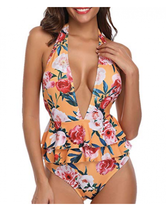 Maiô Amarelo Peplum Estampa Floral Tropical