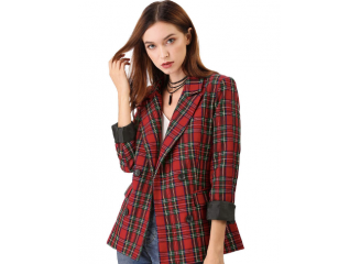 Blazer Casual Alongado Quadriculado Vermelho 