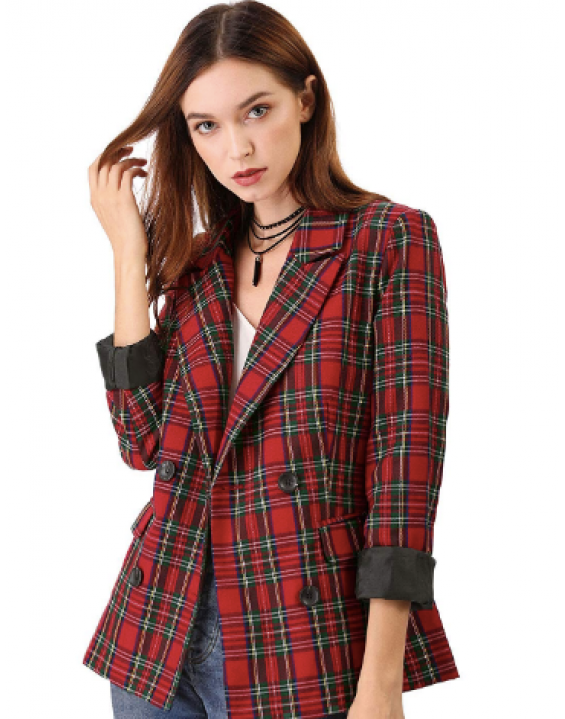 Blazer Casual Alongado Quadriculado Vermelho 