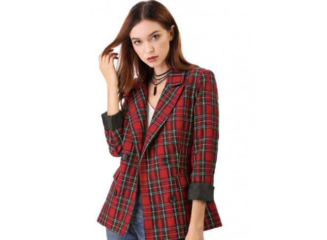 Blazer Casual Alongado Quadriculado Vermelho 