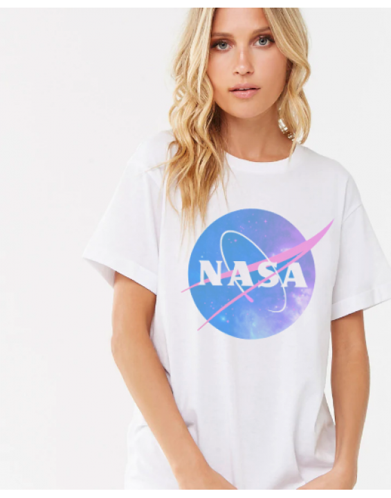 Camiseta T-shirt Branca Feminina NASA Logo Pastel