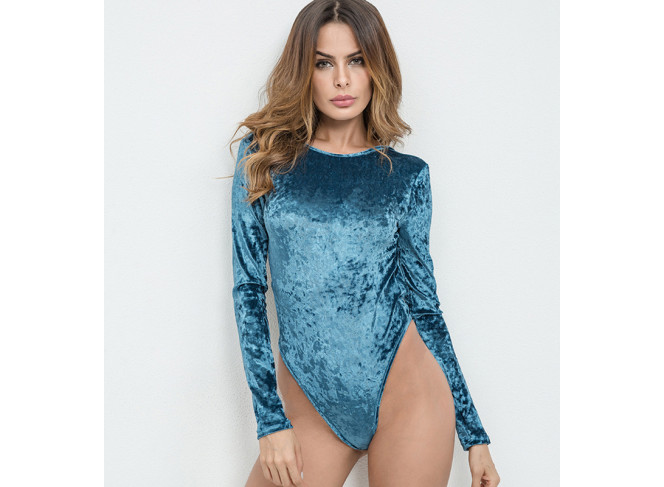 Body de Veludo Azul Mangas Longas