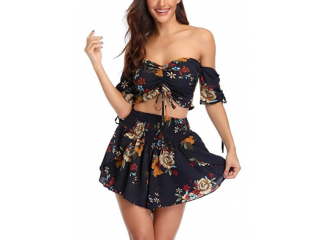 Conjunto Saia e Blusa Cropped Boho Floral Azul Marinho