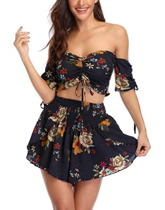 Conjunto Saia e Blusa Cropped Boho Floral Azul Marinho Conjunto Saia e Blusa Cropped Boho Floral Azul Marinho