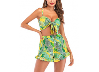 Conjunto Short e Top Cropped Amarração Folhagem Verde