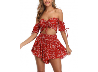 Conjunto Saia e Blusa Cropped Boho Floral Vermelho