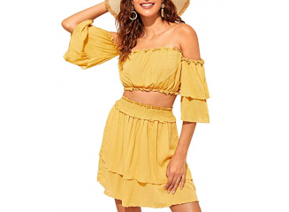 Conjunto Saia e Blusa Cropped Ciganinha Boho Floral Amarelo