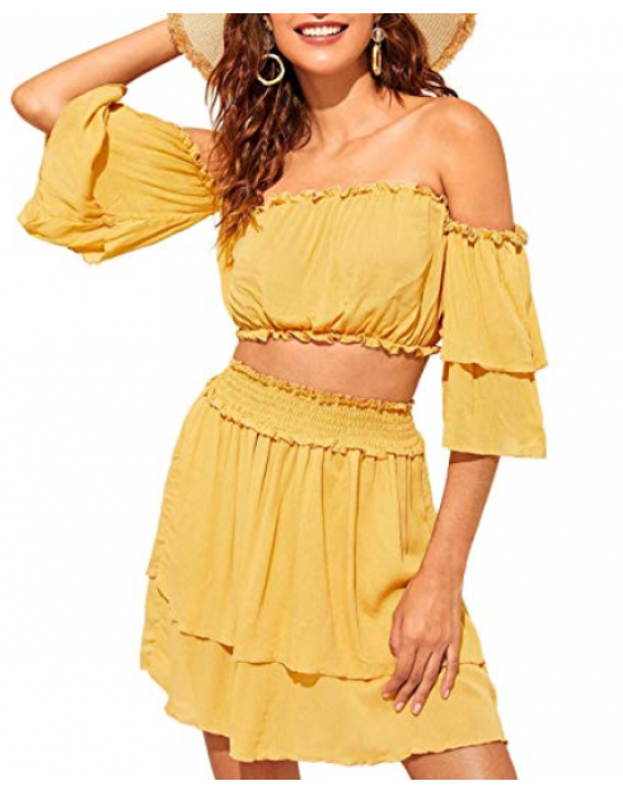 Conjunto Saia e Blusa Cropped Ciganinha Boho Floral Amarelo Conjunto Saia e Blusa Cropped Ciganinha Boho Floral Amarelo