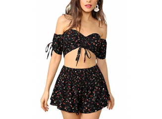 Conjunto Saia e Blusa Cropped Ciganinha Boho Floral Preto