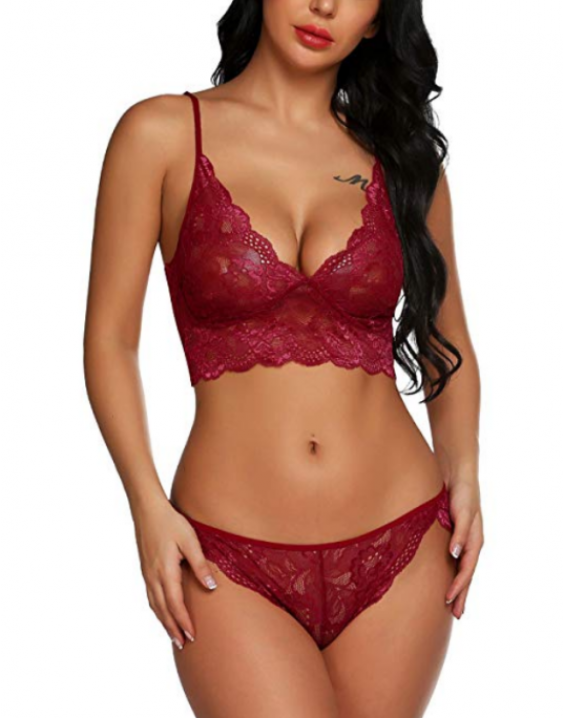 Conjunto Lingerie Calcinha e Sutiã de Renda Vinho