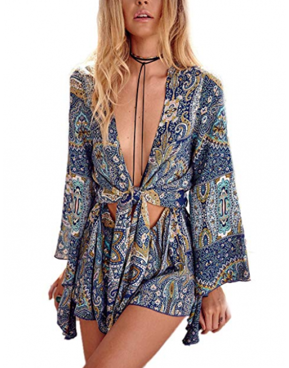 Macaquinho Estampado Boho Manga Flare Azul Macaquinho Estampado Boho Manga Flare Azul