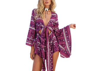 Macaquinho Estampado Boho Manga Flare Roxo