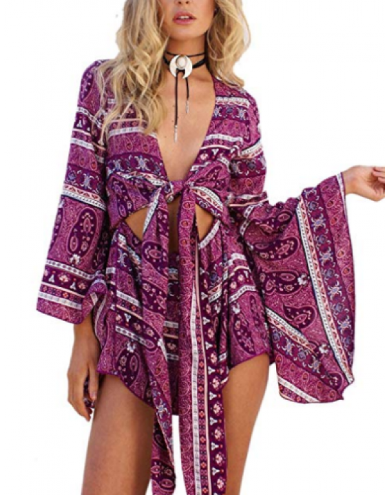 Macaquinho Estampado Boho Manga Flare Roxo Macaquinho Estampado Boho Manga Flare Roxo