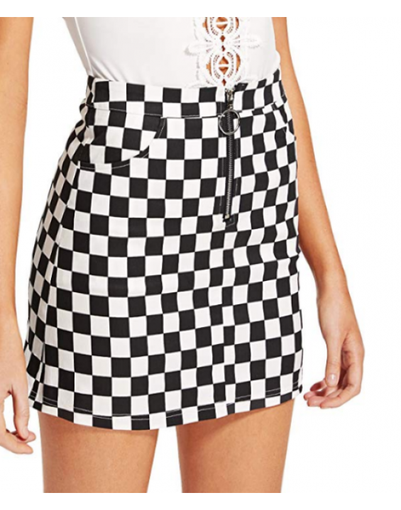 Mini Saia Cintura Alta Xadrez com Zíper Argola Preta