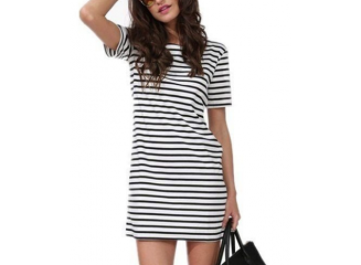 Vestido Curto de Manga Listrado Branco