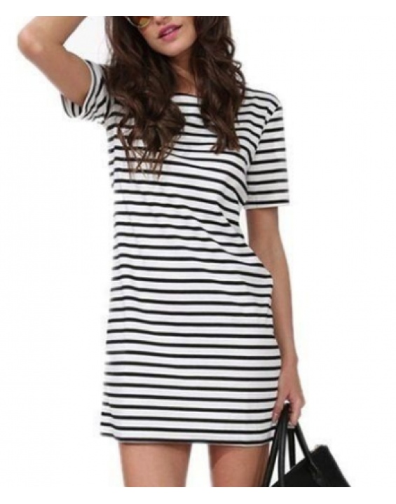 Vestido Curto de Manga Listrado Branco