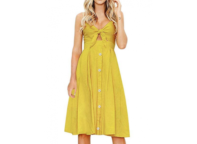 Vestido Midi com Botões e Decote Laço Branco