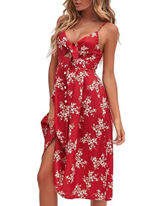 Vestido Midi Floral com Botões e Decote Laço Vermelho