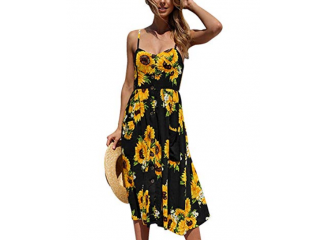 Vestido Midi Floral Girassol com Botões e Bolsos Preto