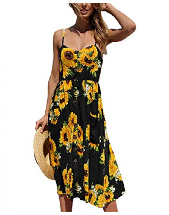 Vestido Midi Floral Girassol com Botões e Bolsos Preto