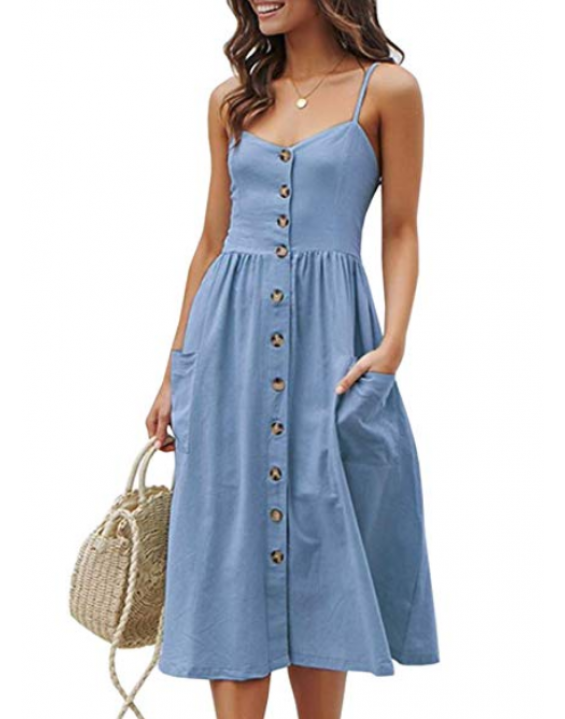 Vestido Midi com Botões e Bolsos Azul Vestido Midi com Botões e Bolsos Azul