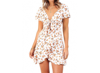 Vestido Curto Floral com Decote Laço Branco