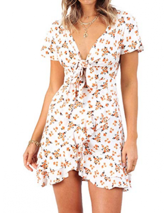 Vestido Curto Floral com Decote Laço Branco