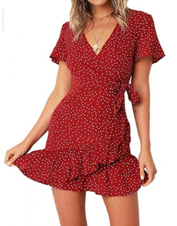 Vestido Curto de Poá Transpassado Vermelho