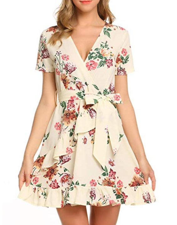 Vestido Curto Floral Transpassado Bege