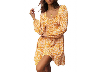 Vestido Curto Floral Manga Longa Amarelo