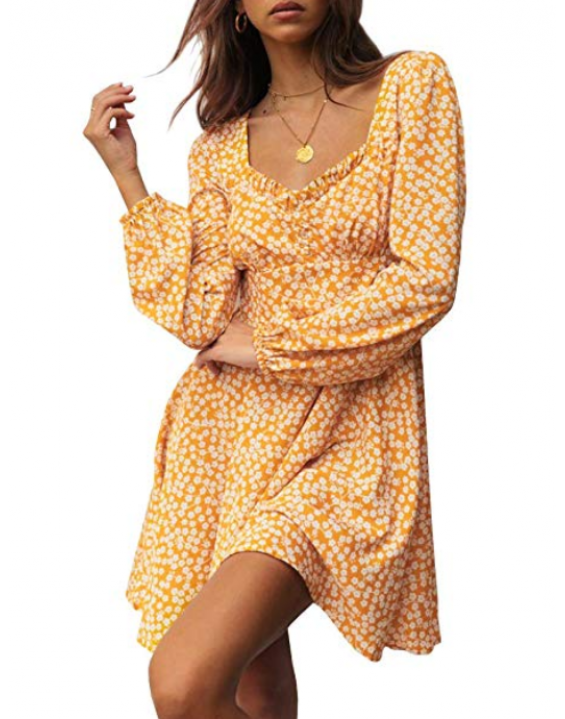 Vestido Curto Floral Manga Longa Amarelo