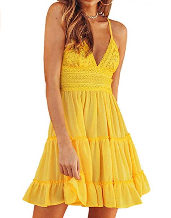Vestido Curto com Renda Floral Amarelo