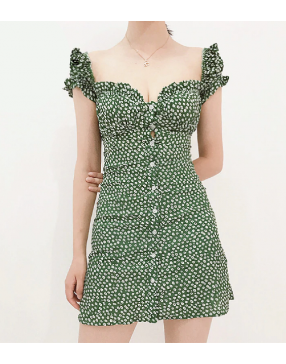 Vestido Curto Floral de Botões Verde